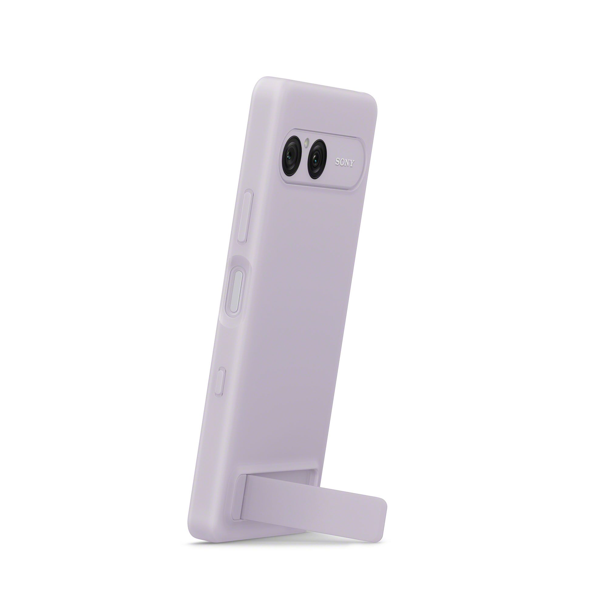 霧紫色 Sony Xperia 10 VIII 智慧型手機，搭配立架立起的狀態