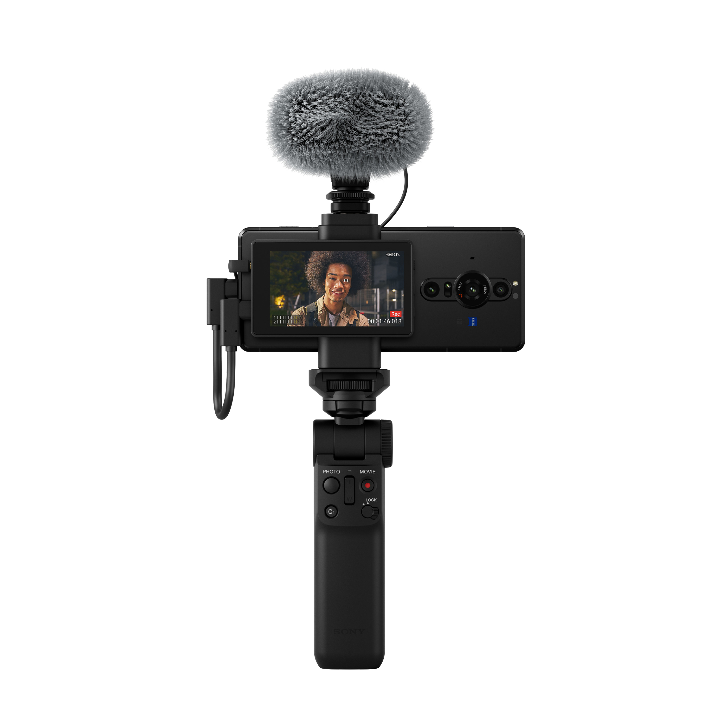 Xperia PRO-I  Vlog 螢幕搭配外接麥寇風和拍攝手把