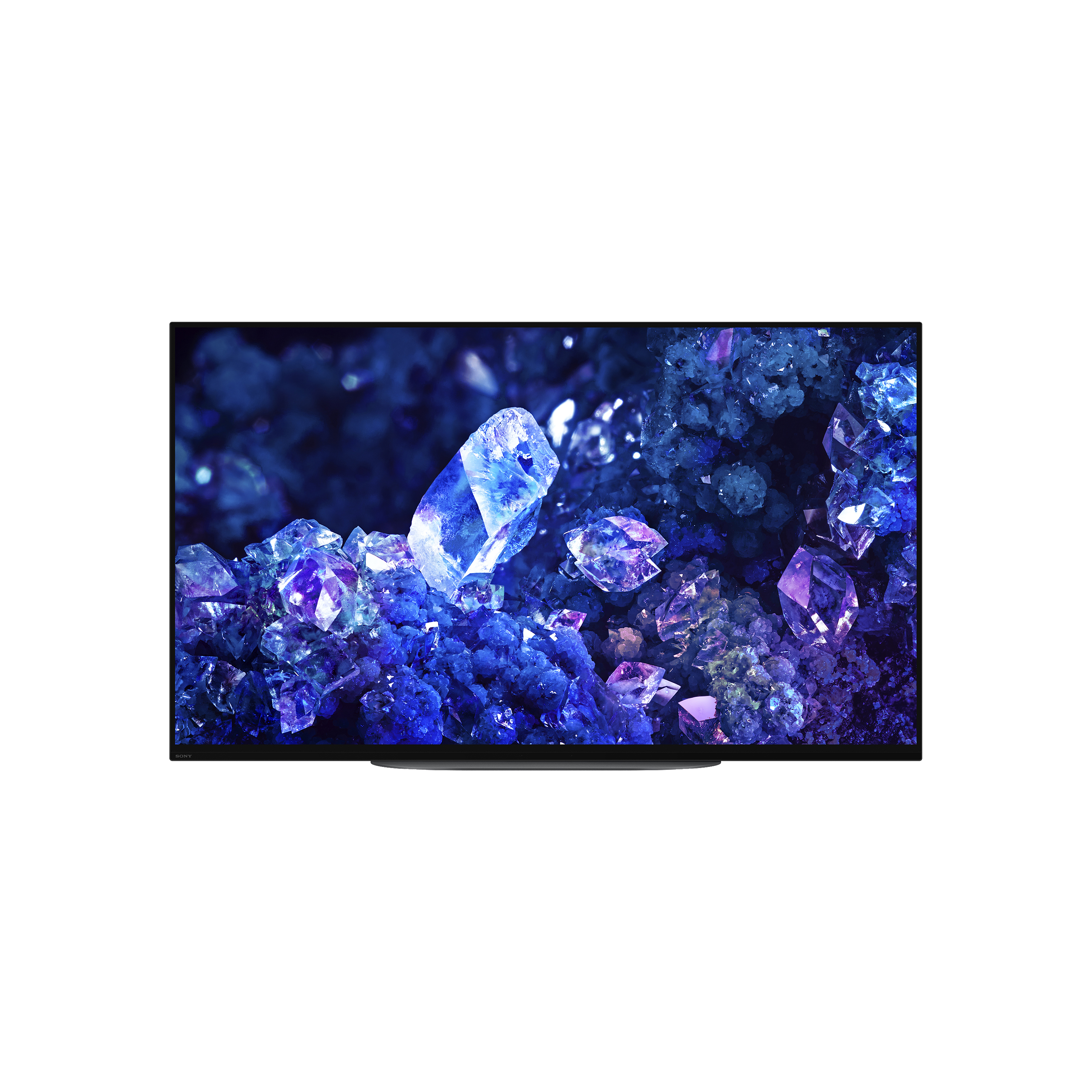 BRAVIA A90K 螢幕顯示藍色與紫色水晶影像的正面照