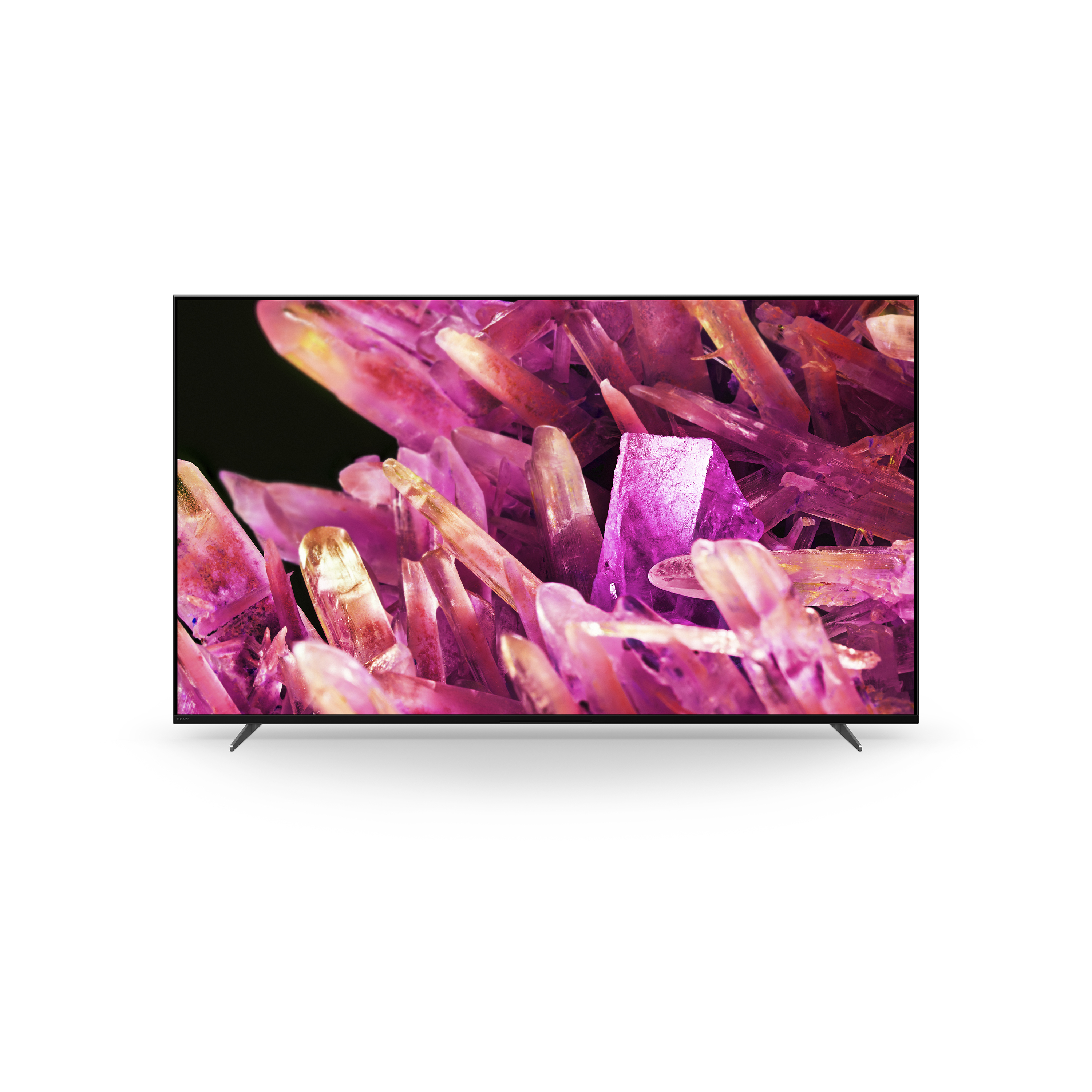 底座上 BRAVIA X90K 螢幕顯示粉紅色水晶影像的正面照