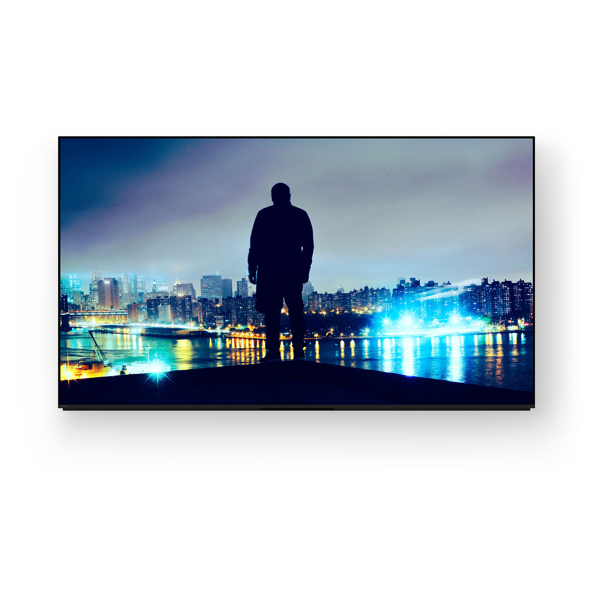 壁掛式 BRAVIA 8 II 前視圖中顯示夜景天際線